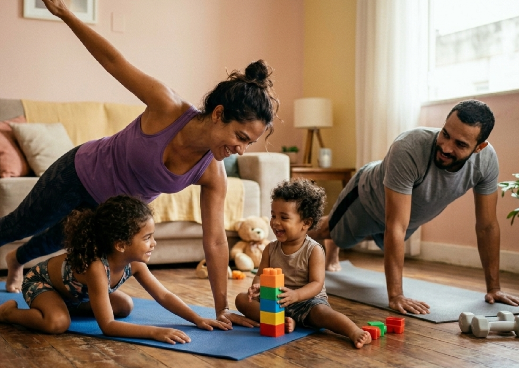 Mãe fazendo exercício em casa